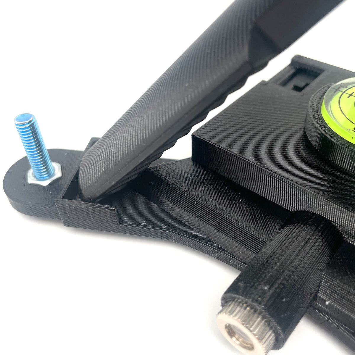 Close-up of the laser housing and leveling foot on the printed stand