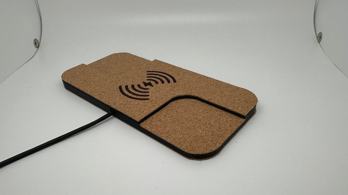 Angled view of the cork-finished wireless charger