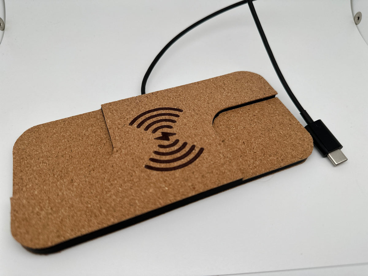 Top view of the cork-finished charger with cable connector