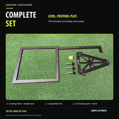 Square Golf Omni Complete Set components with stand, connecting arm and hitting zone frame