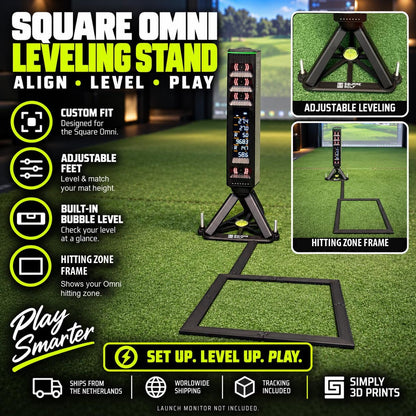 Square Golf Omni leveling stand and hitting zone frame — product overview