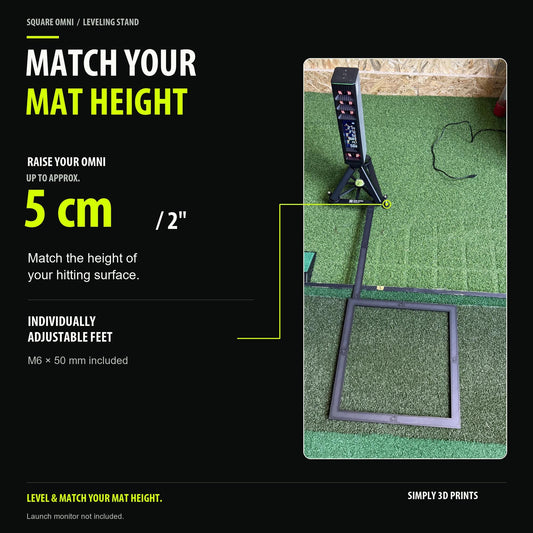 Square Golf Omni stand height adjustment illustrated up to approximately 5 cm