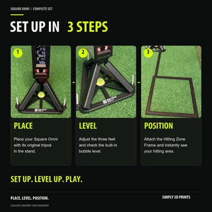 Three setup steps for Square Golf Omni: place, level and position the hitting zone frame