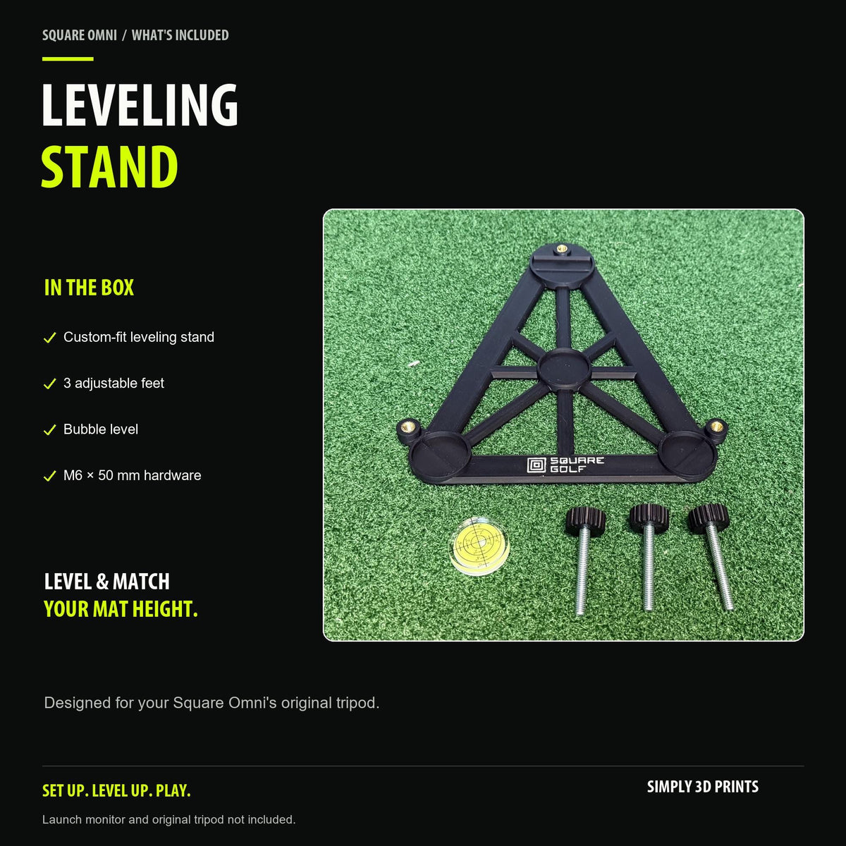 Square Golf Omni Leveling Stand components with bubble level and three adjustable feet