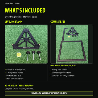 Included components compared for Square Golf Omni Leveling Stand and Complete Set