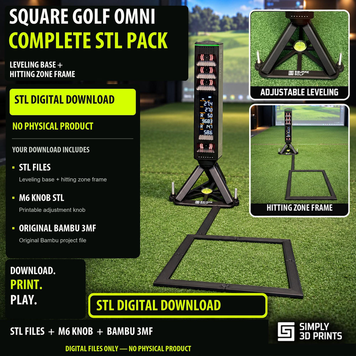 Square Golf Omni complete STL pack overview: leveling base and hitting zone frame. Digital download only; printed products, launch monitor and hardware are not supplied.
