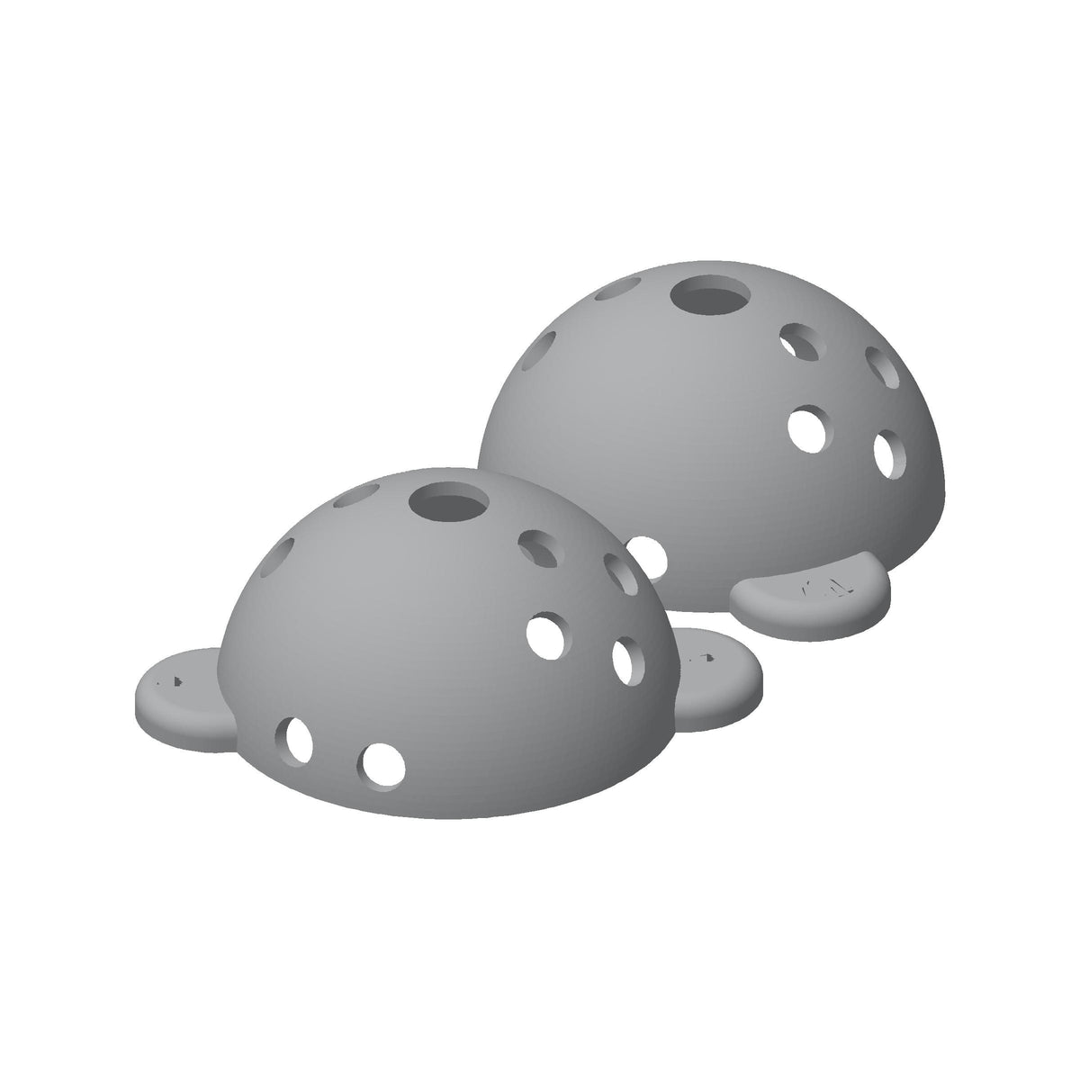 CAD render showing the two separate halves of the 4-dot golf ball marking template, with circular guide holes and grip tabs.