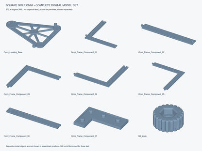 Overview of the nine STL model files for the Square Golf Omni leveling base, hitting zone frame connections and M6 foot knob. Digital files only.