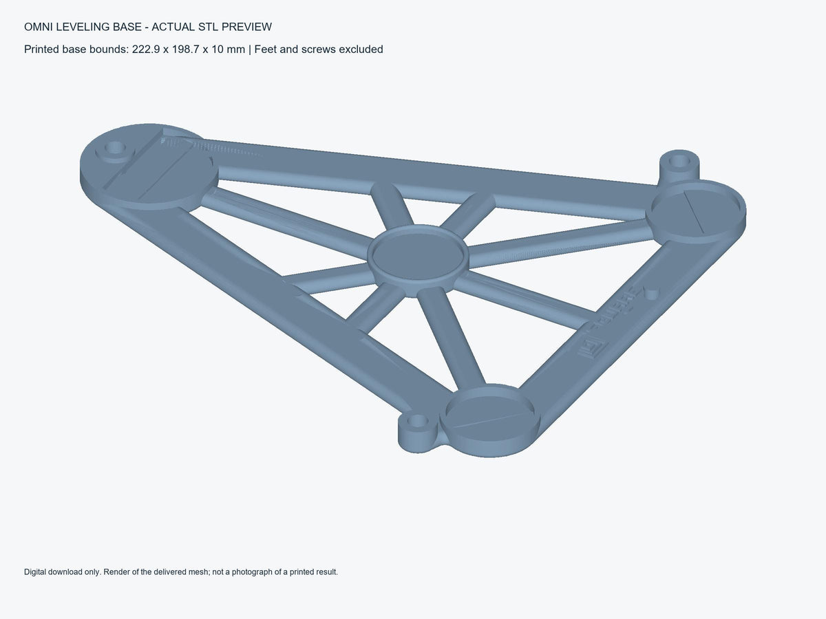CAD view of the Square Golf Omni printed leveling base with dimensions approximately 222.9 x 198.7 x 10 mm, excluding feet and screws.